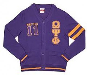 OMEGA PSI PHI FRATERNITY CARDIGAN SWEATER Q-DOG PURPLE GOLD SWEATER SOBAT