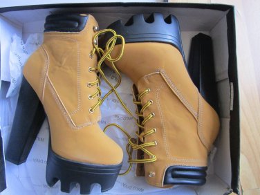 Women's Camel High Heels Platform Shoes Lace Ups Ankle Boots WILD DIVA 7.5US