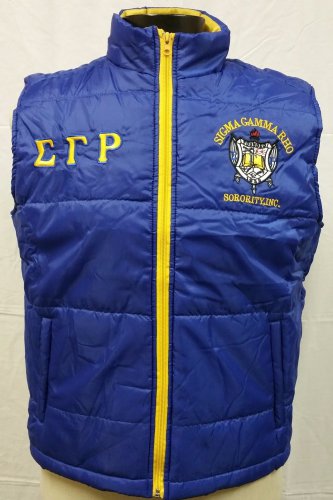 Sigma Gamma Rho Sorority Vest Jacket Sigma Gamma Rho Blue Gold Bubble Vest S-4X