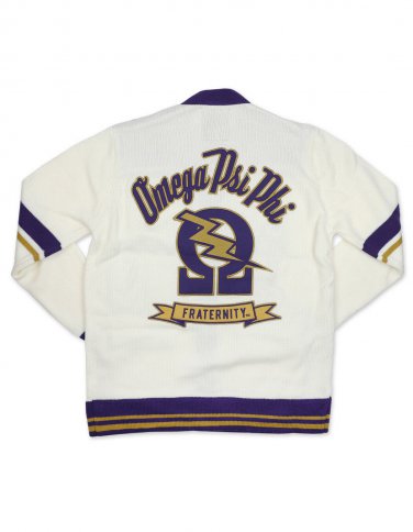 OMEGA PSI PHI FRATERNITY WOOL CARDIGAN SWEATER  Q-DOG PURPLE GOLD SWEATER TOP
