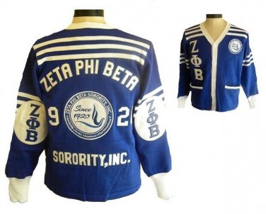 ZETA PHI BETA SORORITY CARDIGAN SWEATER BLUE WHITE WOOL BLEND CARDIGAN SWEATER