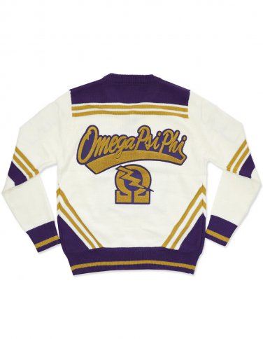 OMEGA PSI PHI FRATERNITY WOOL V-NECK SWEATER  Q-DOG PURPLE IVORY SWEATER TOP