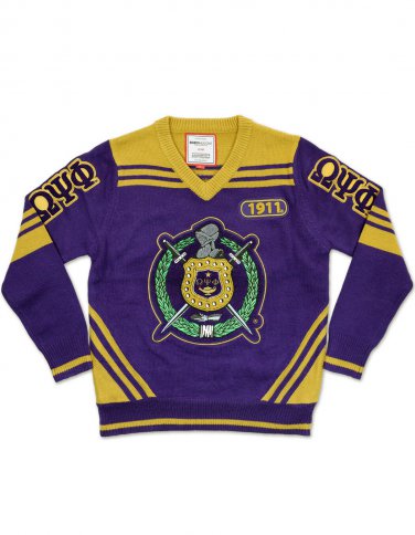 OMEGA PSI PHI FRATERNITY WOOL V-NECK SWEATER  Q-DOG PURPLE GOLD SWEATER TOP