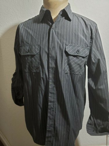 Men's Black White Long Sleeve button up Shirt LARGE