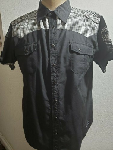 Live Mechanics Black White Short Sleeve Button up Shirt PRE-OWNED LARGE
