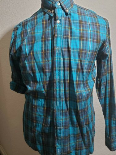 Men's Blue Aqua Plaid Long Sleeve button up Shirt XL