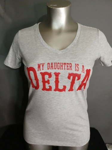 DELTA SIGMA THETA SORORITY V-NECK T-SHIRT MY DAUGHTER IS A DELTA GRAY V-NECK