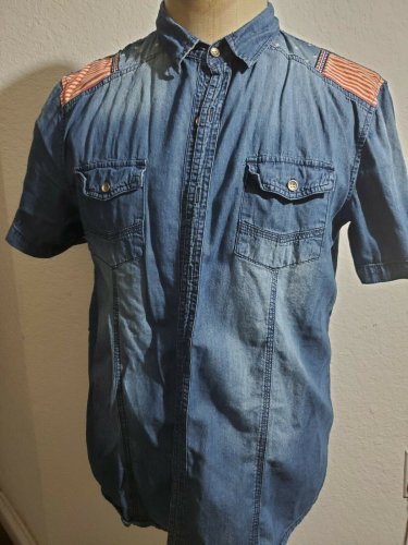 Blue Denim Short Sleeve Button up Shirt  USA Themed Button up Shirt NEW LARGE