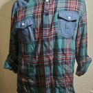 Men's Blue Denim Plaid Long Sleeve button up Shirt LARGE