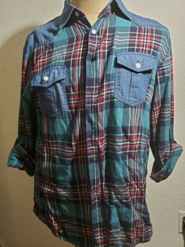 Men's Blue Denim Plaid Long Sleeve button up Shirt LARGE