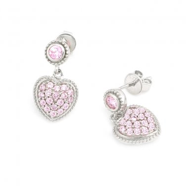 Silver Kings 925 Sterling Silver Pave Pink Heart CZ Dolly Stud Earrings Jewelry Q22999E