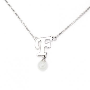 925 Sterling Silver Initial Letter F Round Fresh Water 5mm White Pearl Necklace Girl, 16" S06946N