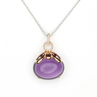 18K Rose Gold Egg Shaped Amethyst Diamond Pendant 925 Sterling Silver Chain 16" Valentine  Q21027P
