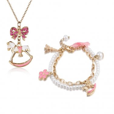 Jewelry Set Rocking Horse Bow Knot Bracelet (6.5'') & Necklace (32"), Women Gift C06364N_C06358B