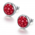 925 Sterling Silver Red Shagreen Round Bezel Setting Stud Earrings C05863E