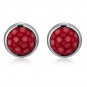 925 Sterling Silver Red Shagreen Round Bezel Setting Stud Earrings C05863E