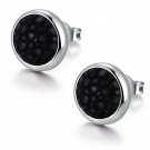 925 Sterling Silver Black Shagreen Round Bezel Setting Stud Earrings Women Rock Jewelry B05934E