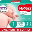 AU Huggies Newborn Nappies Size 1 (up to 5kg) 1 Month Supply 216 Count