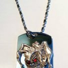 Jester Joker Skull RED Crystal Pewter Emblem  - Dog Tag w/ Metal Chain Necklace