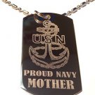 Military Dog Tag Metal Chain Necklace - United States Proud Navy Mother USN
