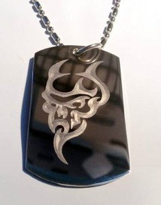 Devil Satan Satanic Evil Face Skull w/ Beard - Dog Tag w/ Metal Chain Necklace