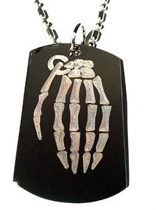 Skeleton Dead Hand Grenade Design - Dog Tag w/ Metal Chain Necklace