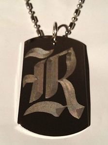 OLD English Font Initial Alphabet Letter R - Dog Tag w/ Metal Chain Necklace