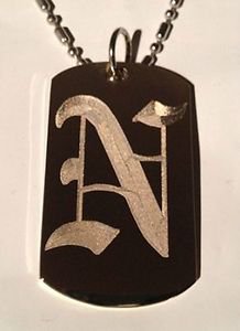 OLD English Font Initial Alphabet Letter N - Dog Tag w/ Metal Chain Necklace