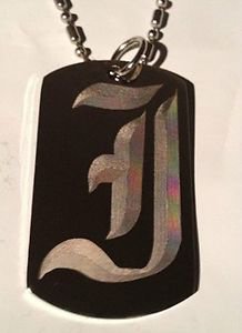 OLD English Font Initial Alphabet Letter I - Dog Tag w/ Metal Chain Necklace