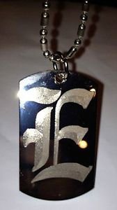 OLD English Font Initial Alphabet Letter E - Dog Tag w/ Metal Chain Necklace