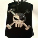 Candy Sugar Skull w Crossbones Dead Face - Dog Tag w/ Metal Chain Necklace