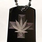 Medical Weed Pot Leaf Ganja Marijuana w/ Cross - Dog Tag w/ Metal Chain Necklace