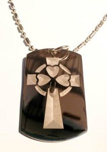 Irish Good Luck Clover w/ Celtic Cross Logo - Dog Tag w/ Metal Chain Necklace