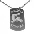 Military Dog Tag Metal Chain Necklace - Aequitas Veritas Saints Prayer Gun Logo
