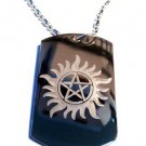 Military Dog Tag Metal Chain Necklace - Flaming Sun Pentagram Wiccan Star Symbol