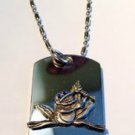 Frog Smoking Pipe Blue CRYSTAL Pewter Emblem  - Dog Tag w/ Metal Chain Necklace