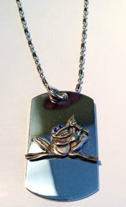 Frog Smoking Pipe Blue CRYSTAL Pewter Emblem  - Dog Tag w/ Metal Chain Necklace