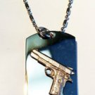 9mm Hand Gun Self Defense Pewter Emblem  - Dog Tag w/ Metal Chain Necklace