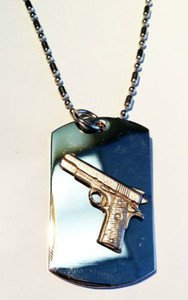9mm Hand Gun Self Defense Pewter Emblem  - Dog Tag w/ Metal Chain Necklace
