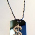 Bling Dollar Sign Crystal  Pewter Emblem  - Dog Tag w/ Metal Chain Necklace