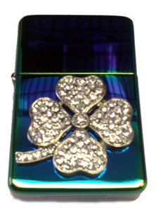 Vector Custom Crystal Emblem Butane Lighter - 4 Leaf Lucky Clover Prism Colors