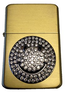 Vector Custom Crystal Emblem Butane Lighter - Happy Smile Face Brushed Brass