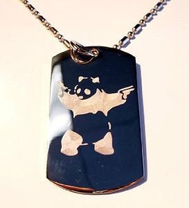 Random Weirdness Panda Bear Holding Gun Logo  - Dog Tag w/ Metal Chain Necklace