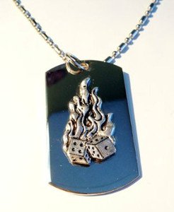 Flaming Dice Gamble Good Luck Pewter Emblem  - Dog Tag w/ Metal Chain Necklace