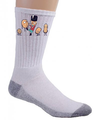 "Nut Cracker" Soldier Doll Kicking Walnuts & Peanuts Funny - Crew Socks Pair