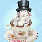 Rabbit Hole Funny Bunny w/ Teacup & Top Hat - Vinyl Print Poster