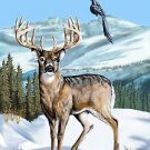 Deer Winter Scene w/ Bird & Mountains - Vinyl Print Poster