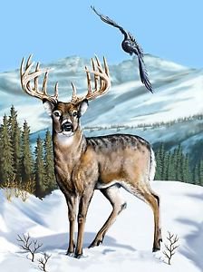 Deer Winter Scene w/ Bird & Mountains - Vinyl Print Poster