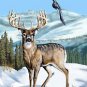 Deer Winter Scene w/ Bird & Mountains - Vinyl Print Poster