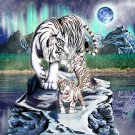 Big Cat White Tiger w/ Cubs in Mountains - Vinyl Print Poster